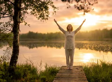 Frau mit ausgebreiteten Armen am See im Abendlicht