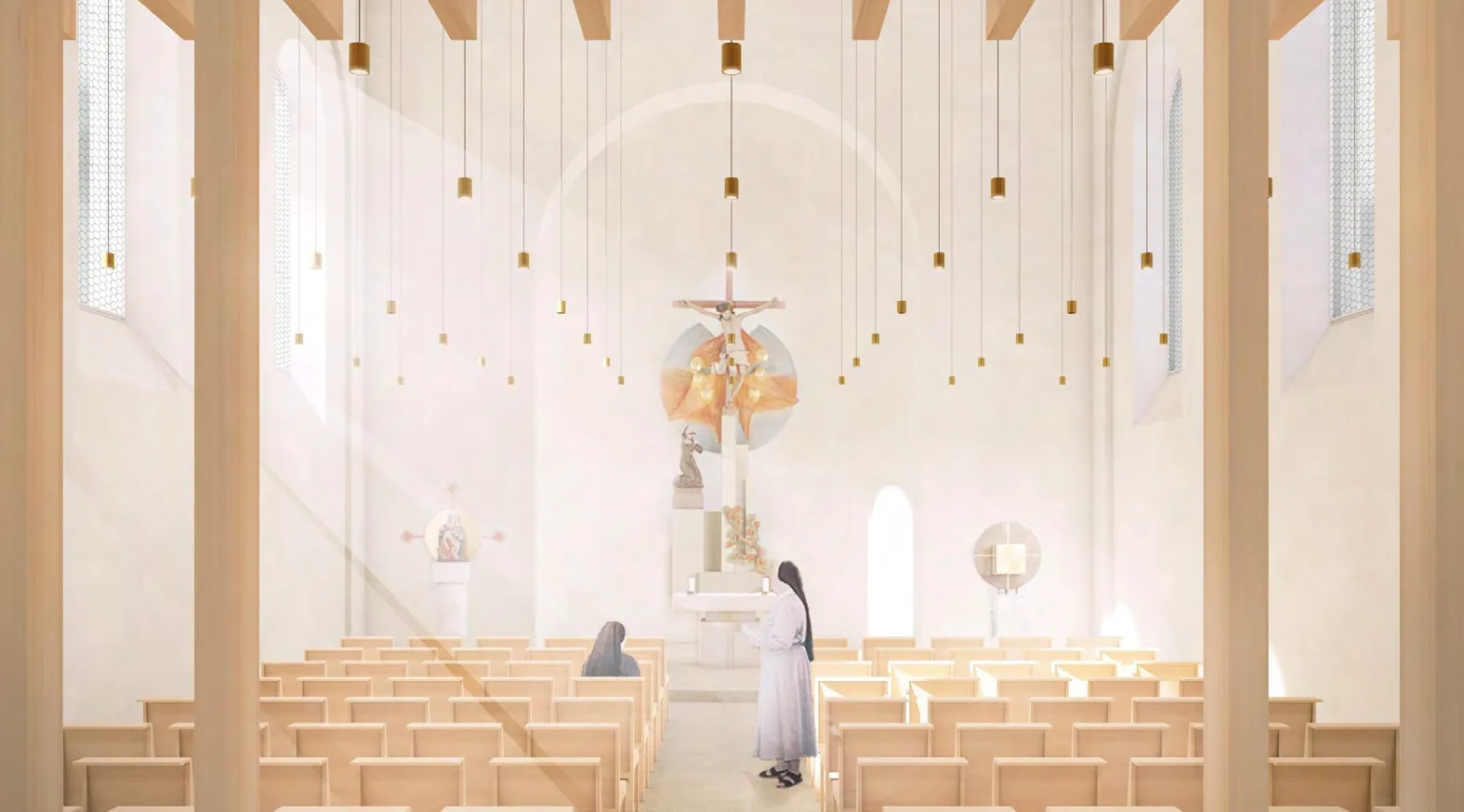 Visualisierung der neu gestalteten Klosterkirche mit hellem Holz